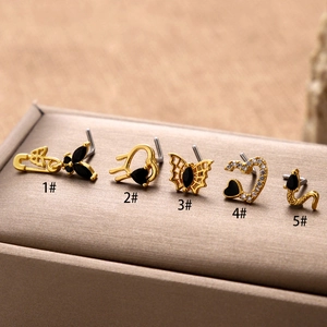 Golden stainless steel nose studs with black zircon in butterfly, snake and heart designs