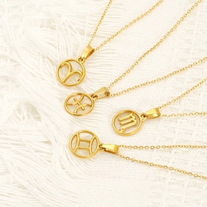 Zodiac Constellation Necklace 18K Gold Plated Titanium Steel Hollow Round Astrology Pendant Fashion Jewelry For Women Men