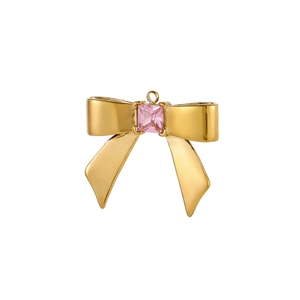 Golden bow pendant with a square pink gemstone for DIY jewelry necklace making