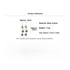 Detail specifications of floral crystal fringe earrings with dimensions and material info