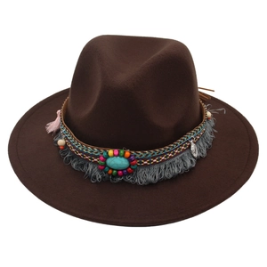 Kids Wide Brim Fedora Hat Wool Felt Bohemian Ethnic Style With Turquoise Tassels Beads Performance Travel Sun Hat
