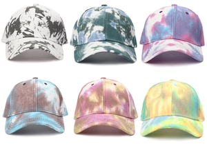 Collage of six tie-dye baseball caps in various vibrant color patterns and canvas textures