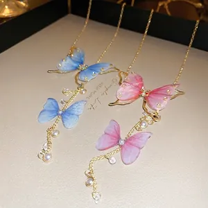 Butterfly Tassel Necklace Alloy Mesh Wings With Rhinestones And Faux Artificial Pearl Gold Tone Elegant Jewelry For Women