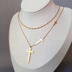 Minimalist double layer cross necklace in polished gold titanium steel on bust display