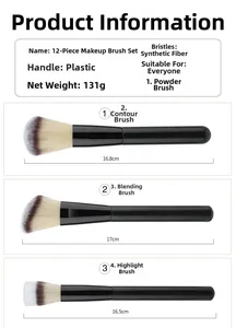 Size specifications for 12pcs makeup brush set featuring synthetic bristles and dimensions