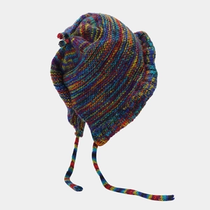 Colorful knitted beanie with earflaps and braided ties for winter warmth and style