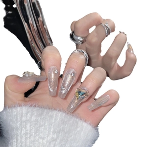 Long coffin press-on nails with silver cat-eye effect and 3D heart-shaped crystal rhinestones