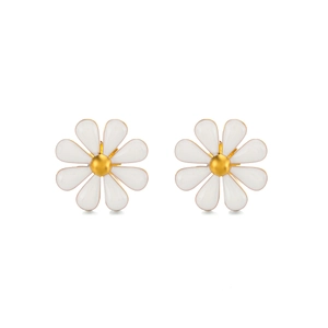 Minimalist stainless steel daisy earrings with white enamel petals and gold centers