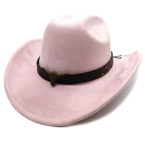 Detail of pink faux suede cowboy hat featuring a leather belt and bronze bull head emblem