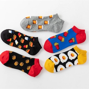 Five pairs of low cut cotton socks with colorful beer, burger and fries food patterns