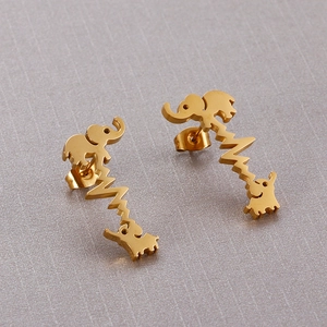 Gold elephant and heartbeat pulse stainless steel stud earrings for women and girls