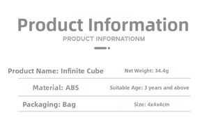Detailed specifications for ABS Infinity Cube showing dimensions 4x4x4cm and 34.4g weight
