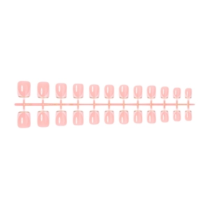 Pink press-on nails with French white tips and gold lines in a square shape set