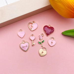 Pink heart and rose alloy charms set with gold plating for DIY jewelry making