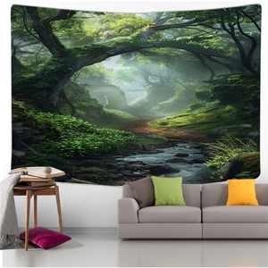 Detail of the lush forest landscape tapestry with mystical ancient trees and stream
