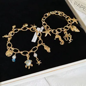 Ocean Theme Charm Bracelet Alloy Imitation Artificial Pearl Sea Turtle Starfish Shell Charms Gold Plated Summer Beach Jewelry For Women