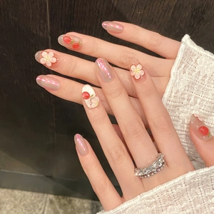 Short oval press-on nails with 3D embossed flowers and cherry hand-painted designs