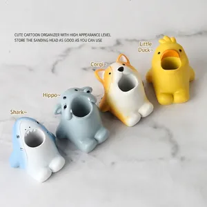 Cartoon animal nail drill bit organizers featuring shark, hippo, corgi, and duck resin stands
