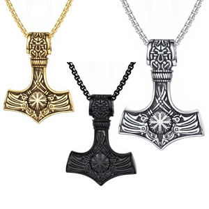 Vintage Nordic Viking Thor Hammer Mjölnir Pendant Necklace Stainless Steel Punk Gothic Jewelry For Men