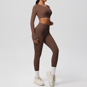 Women's 2-piece coffee brown yoga set with long sleeve thumb-hole top and high waist leggings