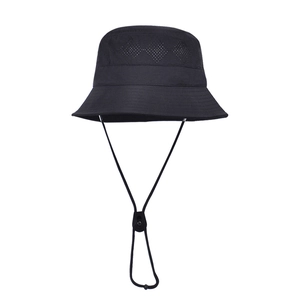 Waterproof quick-dry black bucket hat with breathable mesh vents and adjustable chin strap