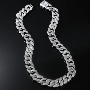 Mens iced out silver Cuban link chain necklace 16mm with hip hop paved stones and square clasp