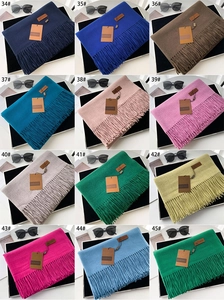 Detailed palette of solid cashmere-like scarves with fringe edges and brand labels