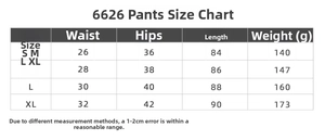 Detailed size chart for V-waist yoga pants including waist, hips, and length measurements