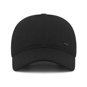 Classic men's black winter baseball cap with ear protection and metal logo detail