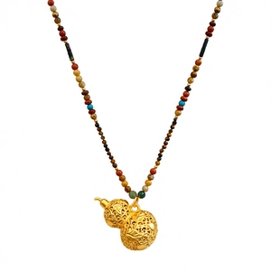 Hollow gold gourd pendant necklace with colorful natural tiger eye stone beaded chain