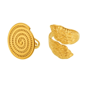 Vintage 18k gold plated stainless steel rings with spiral disc and leaf designs
