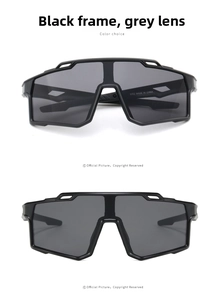 Detail view of matte black sports sunglasses with grey lenses and temple model 9352