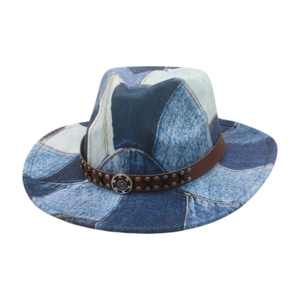 Vintage patchwork denim jazz fedora hat with studded leather band and metal buckle