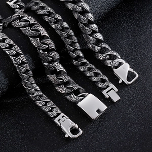 Bracciale Uomo Maglia Cubana Inciso Vintage Acciaio Inossidabile 316L Punk Gothic Hip Hop Gioiello