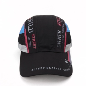 Detail of quick-dry baseball cap featuring breathable mesh and street style printing