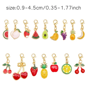 Detail of 16 mixed fruit charms with lobster clasps, sized 0.9-4.5cm for bag and shoe decor