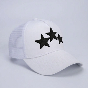 Adjustable baseball mesh trucker cap with three black pentagram stars on white fabric