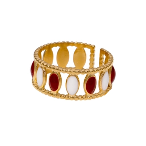 Vintage style gold-plated stainless steel ring with red and white enamel geometric inlay