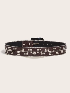 Detail of dark brown leather belt with rows of polished silver metal rivets and studs