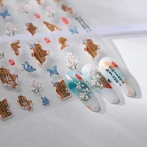 Classic Chinese style nail art stickers with blue butterflies, flowers and calligraphy