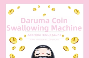 Macro shot of Japanese Daruma piggy bank with automatic coin swallowing mechanism and sound