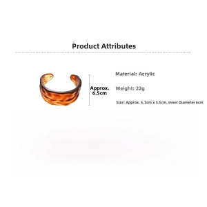 Detailed specs of acrylic cuff bracelet with brown tortoiseshell texture and dimensions