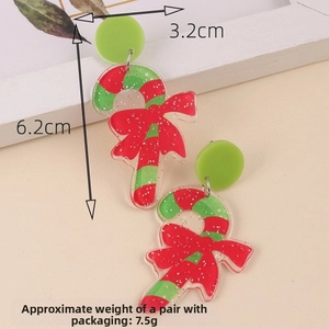 Detail view of acrylic Christmas candy cane earrings with red stripes and size dimensions