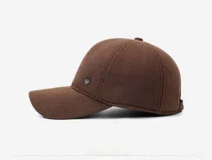 Side view of men's thick wool baseball cap in dark brown with metal diamond badge
