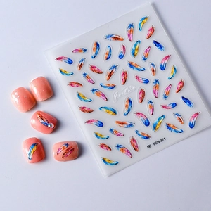 Stickers ongles 5D avec motifs plumes dégradées colorées et effets de relief 3D