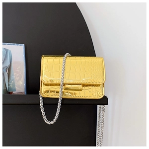 Close-up of golden crocodile embossed leather texture on a compact square chain bag
