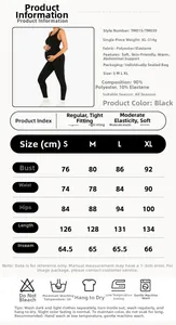 Size chart for black maternity jumpsuit showing measurements in cm and fabric details