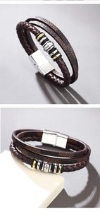 Detail of multilayer brown leather bracelet with carved metal beads and magnetic clasp