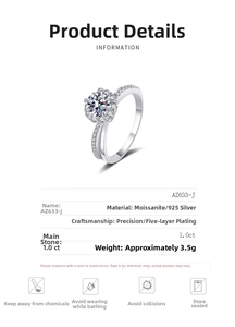 Detailed specs of S925 silver ring featuring a 1.0ct round cut moissanite stone
