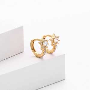 Luxurious S925 sterling silver gold hoops with geometric star pendants and zircon stones